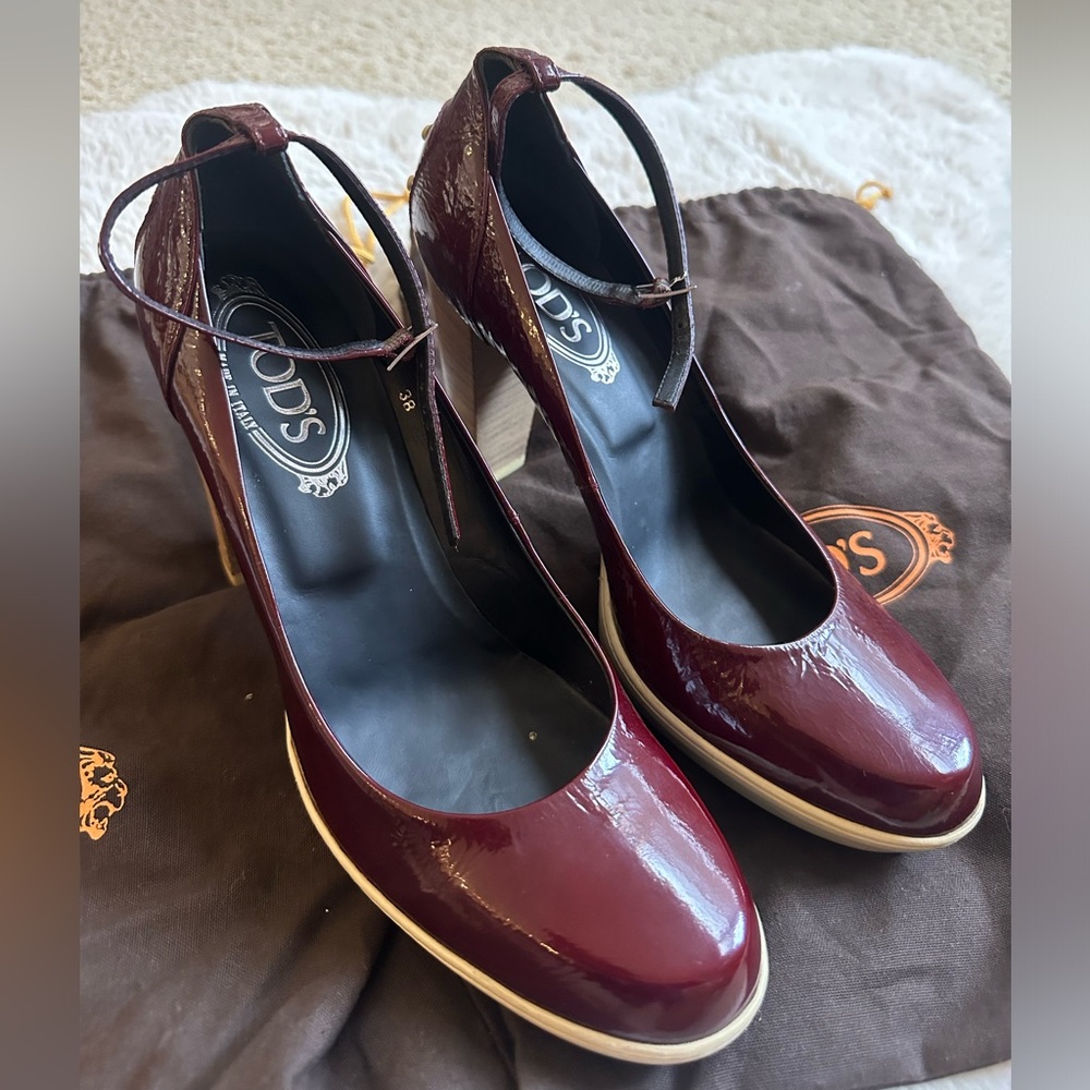 Tod’s MAROON MARYJANE ANKLE STRAP WOODEN Pumps Women Size 7.5 US / 38 EU